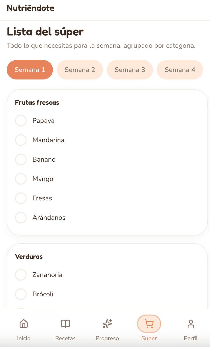 Pantalla de Lista del súper: Checklist exacta